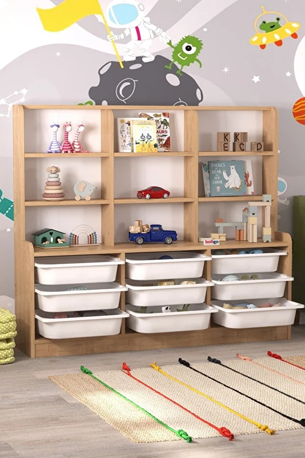 Almina 9 Sepetli 9 Raflı Dolap Çok Amaçlı Dolap Oyuncak Dolabı Almina Beyaz